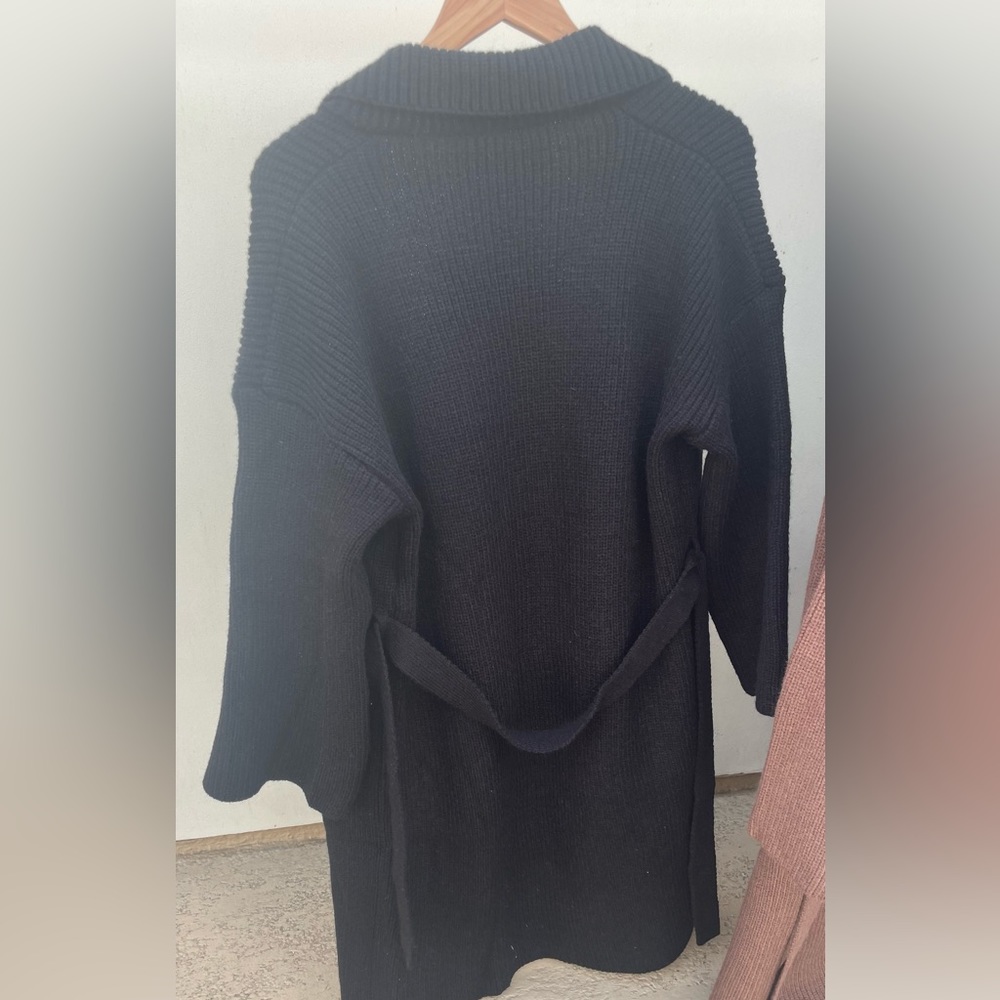 AT COST Black Long Cardigan Coat Chunky Over Knee Thick Belt With Pockets - Picture 10 of 14